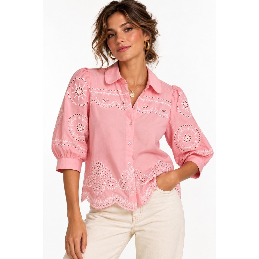 Design History Belle Crochet Detail Blouse Pink Eyelet Cotton Top Small NWT